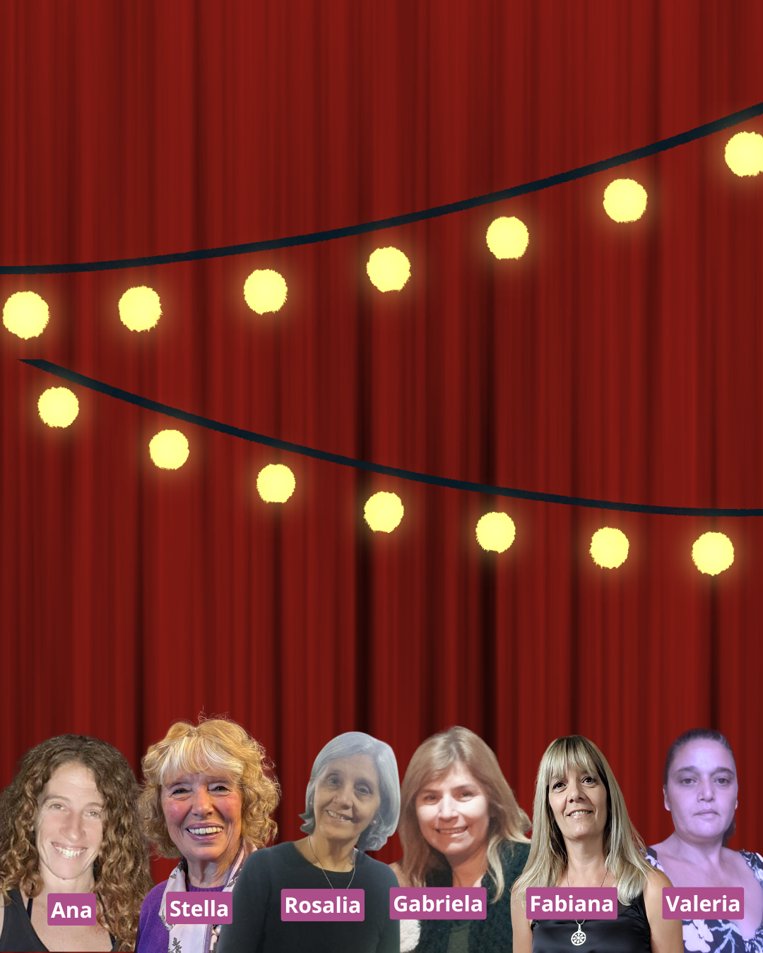 Imagen de las 6 narradoras que forman parte del encuentro con un telón rojo de fondo